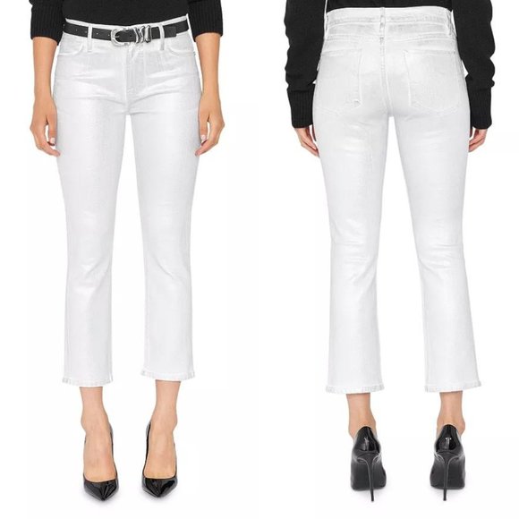 FRAME Jeans Le Crop Mini Boot Coated Jeans White Denim Coated Chrome Blanc SZ 26 - Picture 1 of 16